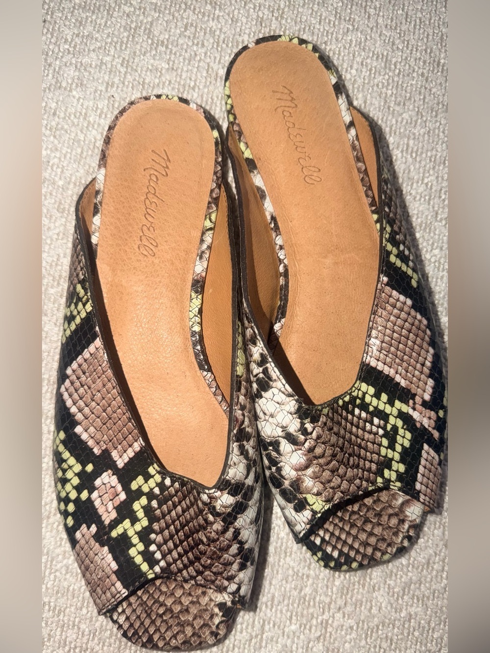 Madewell Snake-Print Open-Toe Mules in Brown, Black & Green